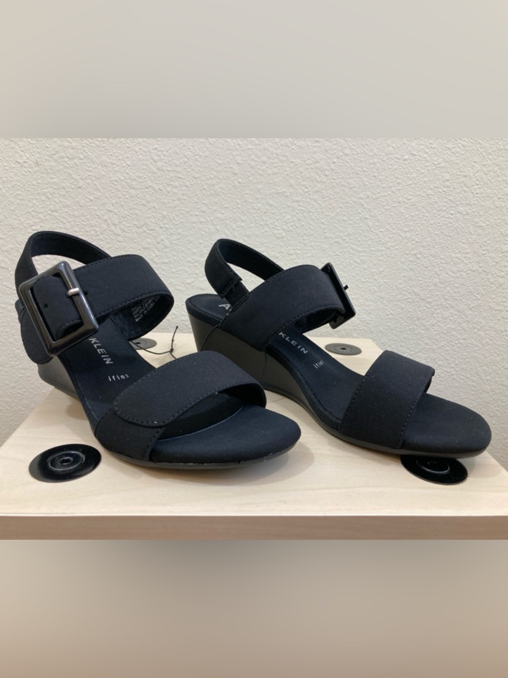 Anne Klein Black iflex Two-Strap Wedge Heels with Buckle Closure Size 6 - Picture 2 of 9
